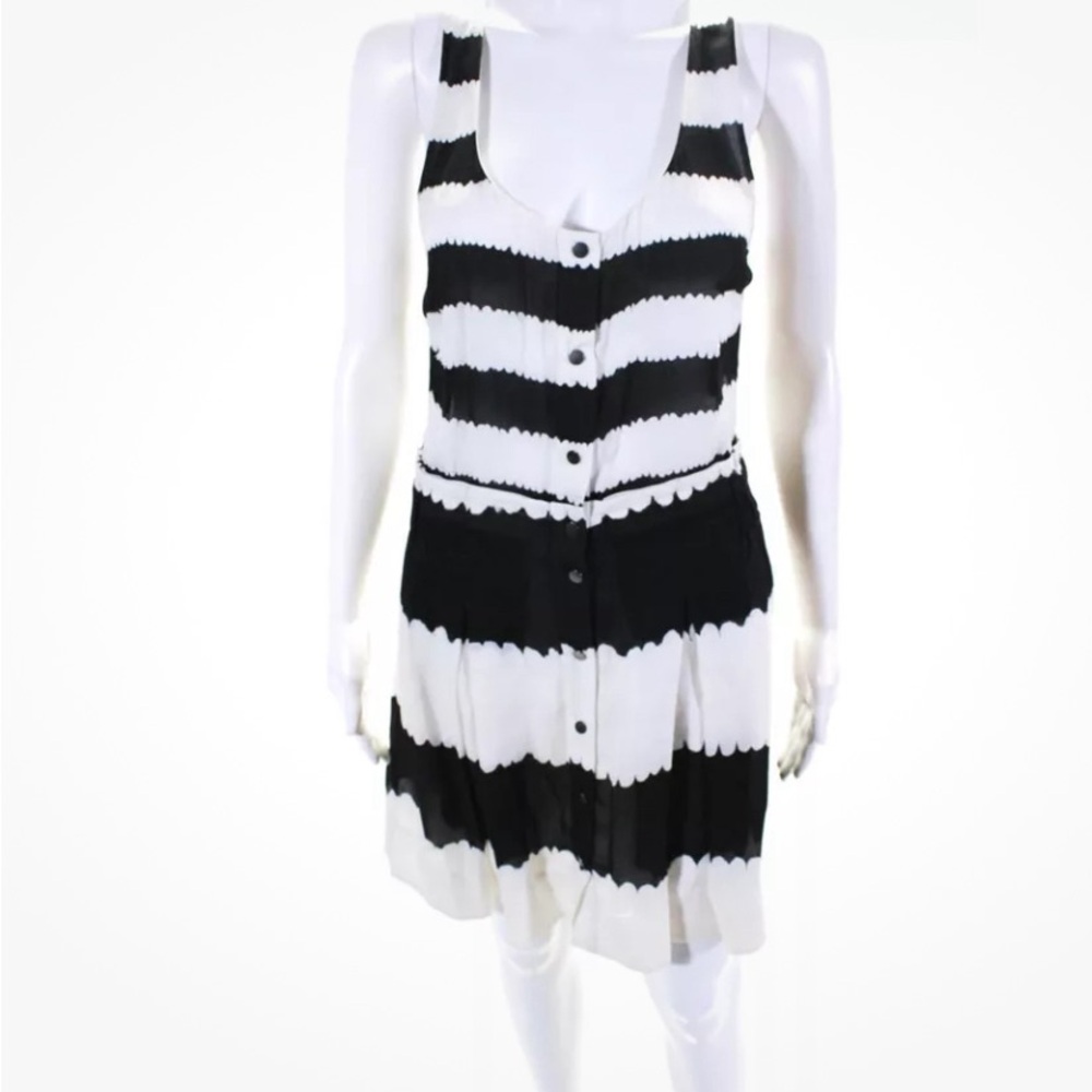 A.L.C. Womens Silk Woven Striped Round Neck Sleeveless A-Line Dress Black Size M